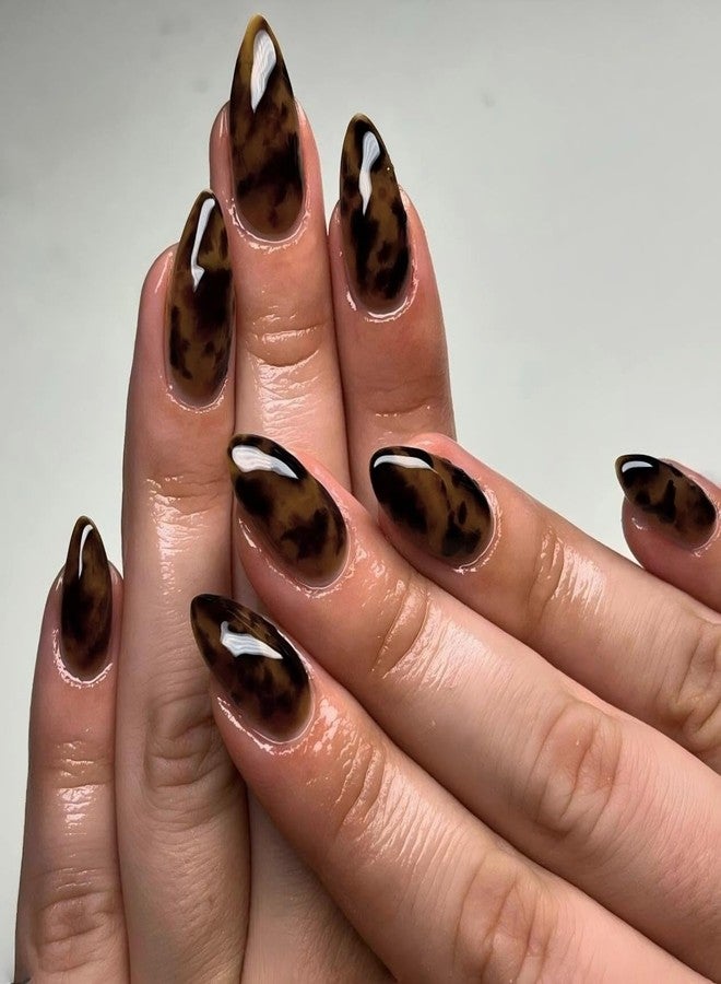 KQueenest Brown Press On Nails Almond Medium, Amber Leopard Print Nails Press ons, Marble Design Full Cover Tortoise Shell Fake Nails With Glue, Reusable Soft Gel Glue on Nails for Women 24 Pcs - Image 3